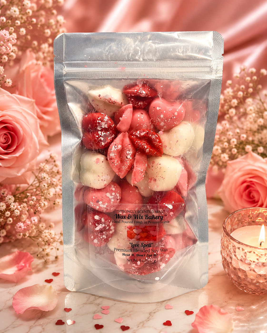 Love Spell Wax Melts. Hearts & Lips. 5 Oz. Strongly Scented Soy Wax. Wax Melts/Wax Tarts for Wax Warmers.