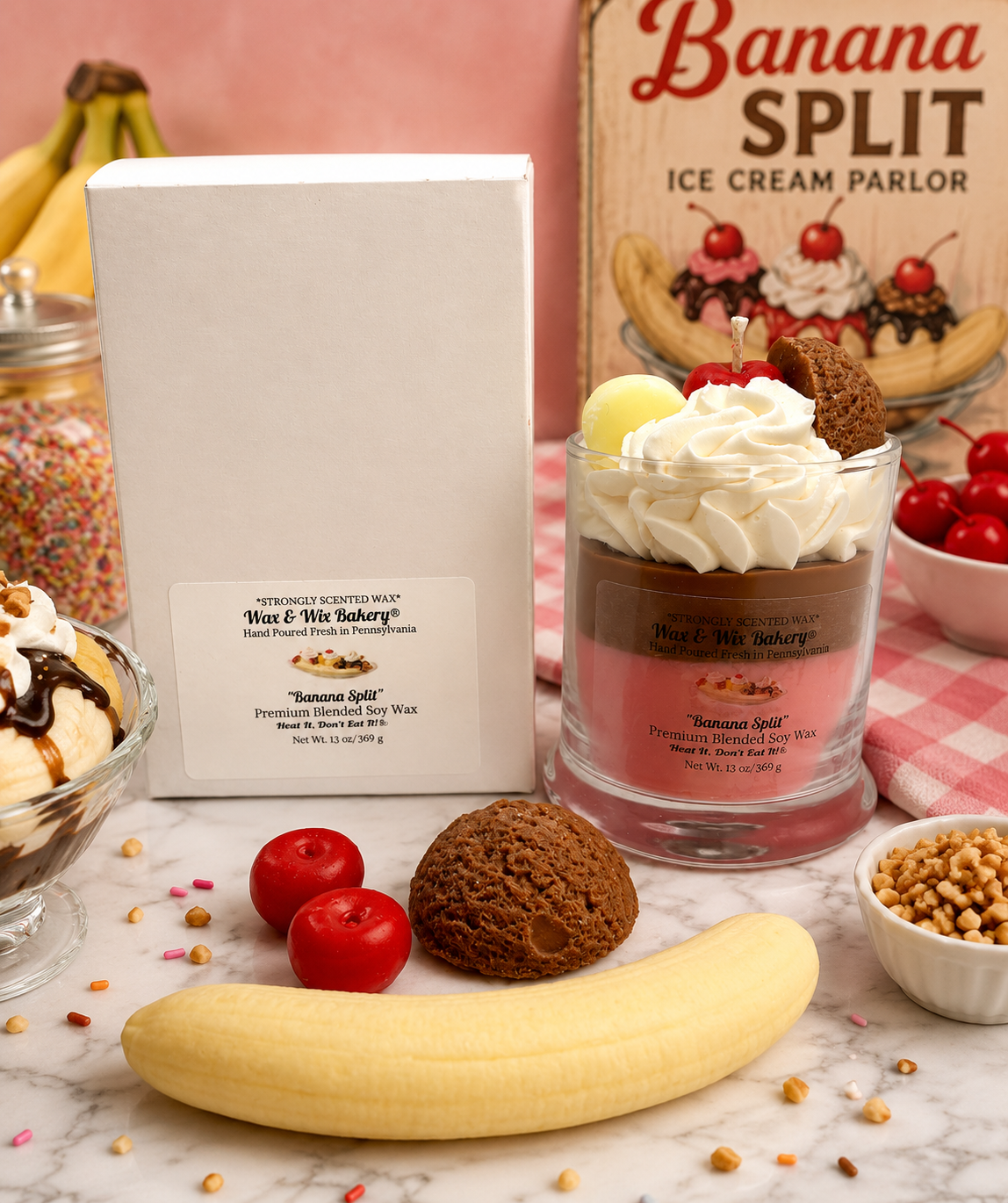 Banana Split Candle. Large 13 oz. Soy Candle/Ice Cream Dessert Candle/Summer Candle. Strongly Scented Candle.
