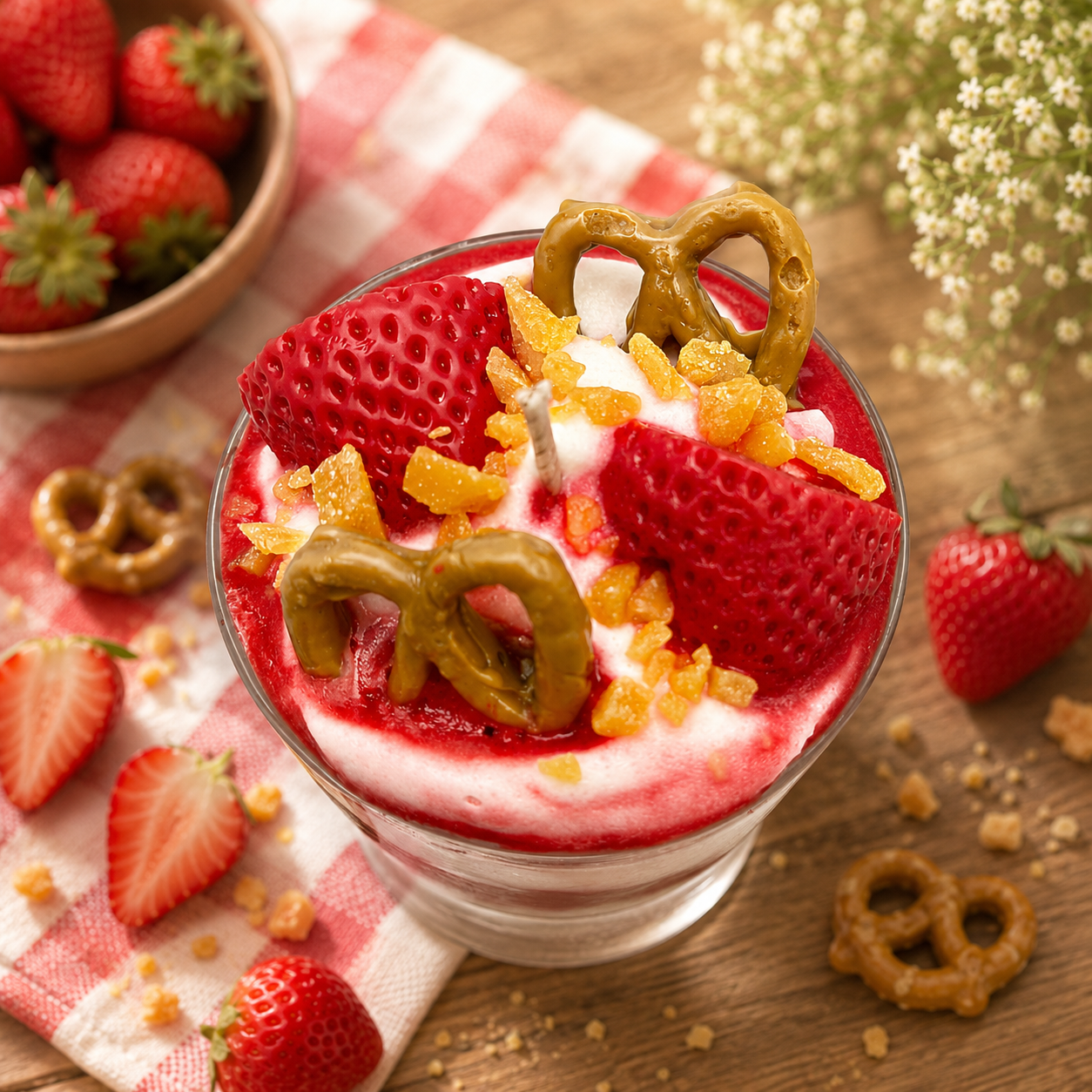 Strawberry Pretzel Crunch Cake Candle. Large 13 oz. Soy Candle/Strawberry Dessert Candle. Strongly Scented Candle