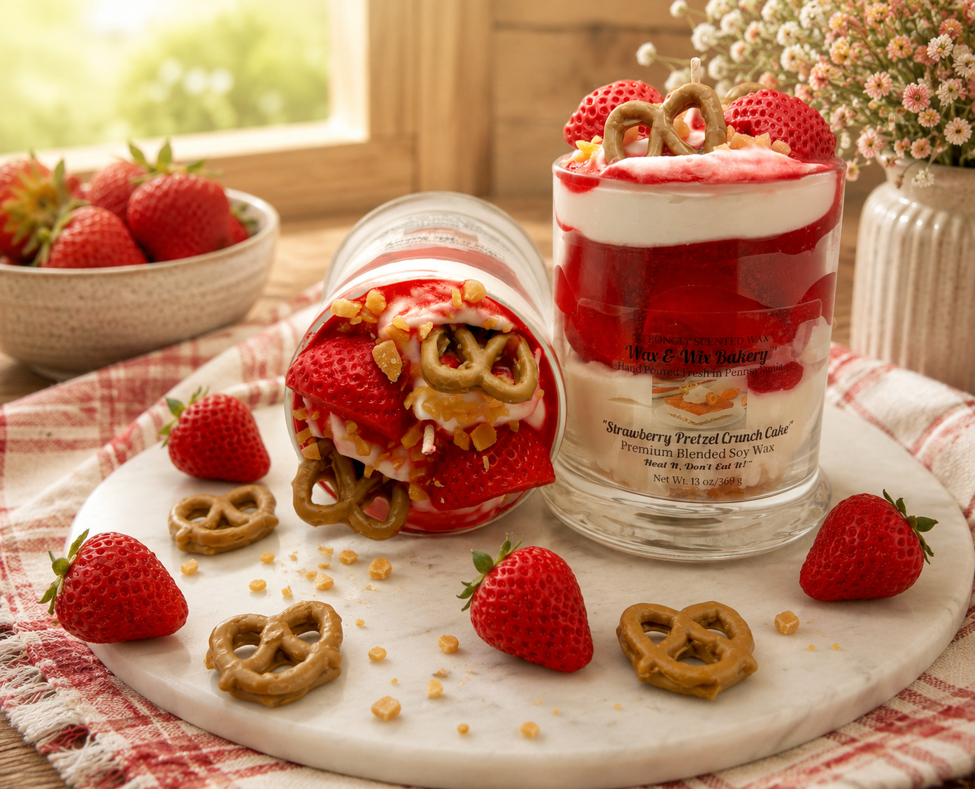 Strawberry Pretzel Crunch Cake Candle. Large 13 oz. Soy Candle/Strawberry Dessert Candle. Strongly Scented Candle