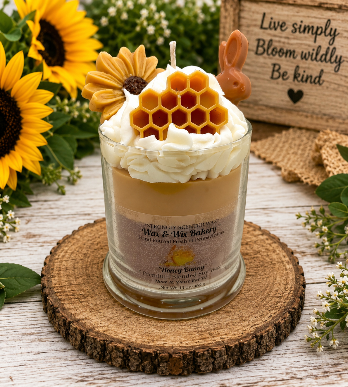 Honey Bunny Candle. Large 13 oz. Soy Candle/Bunny Rabbit, Honeycomb, Flower. Strongly Scented Soy Wax Candle