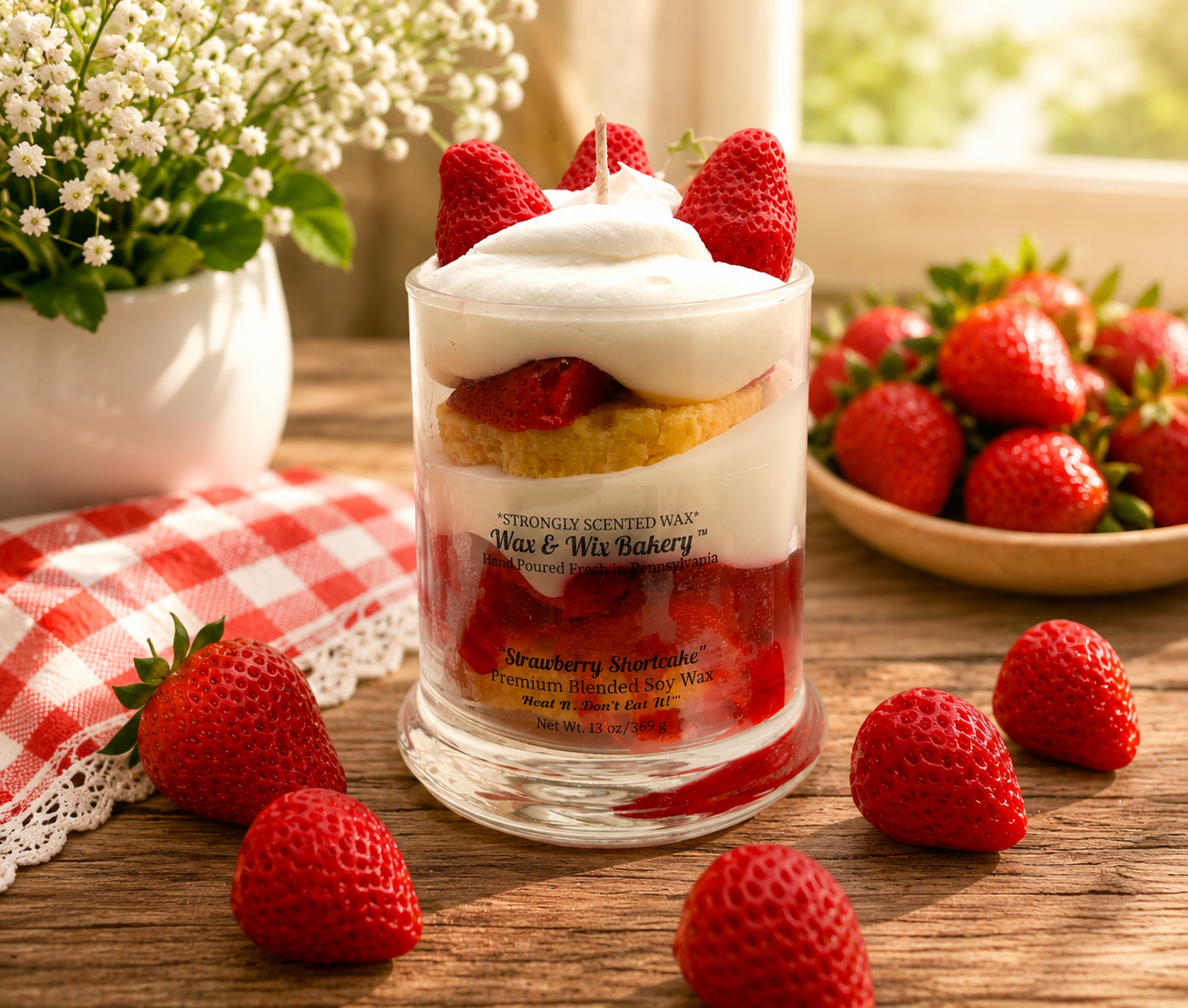 Strawberry Shortcake Candle. Large 13 oz. Soy Candle/Strawberry Summer Candle. Strongly Scented Candle