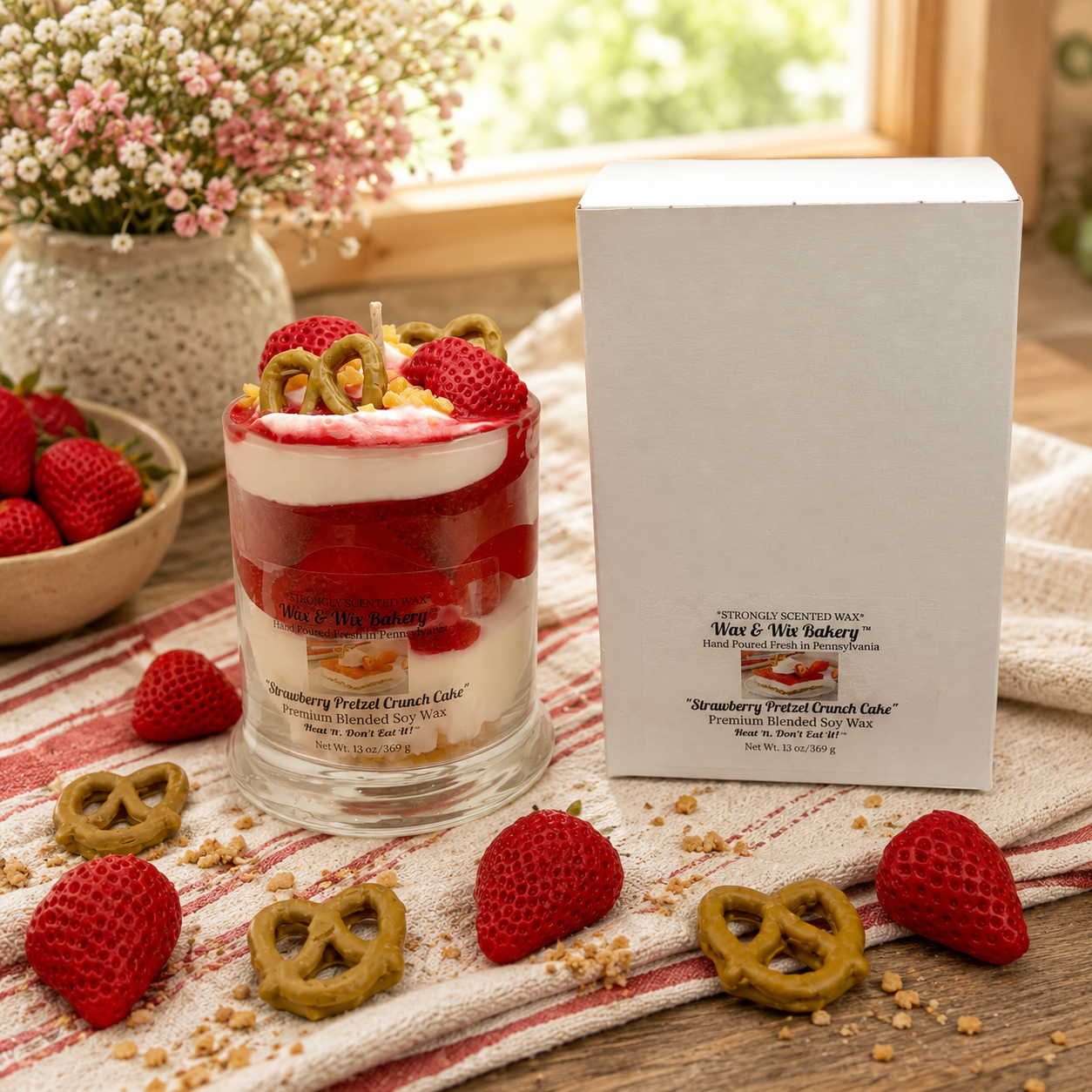 Strawberry Pretzel Crunch Cake Candle. Large 13 oz. Soy Candle/Strawberry Dessert Candle. Strongly Scented Candle