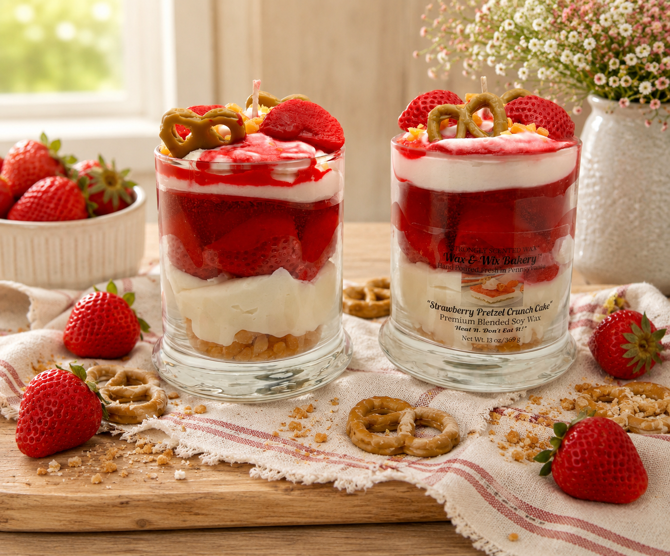 Strawberry Pretzel Crunch Cake Candle. Large 13 oz. Soy Candle/Strawberry Dessert Candle. Strongly Scented Candle