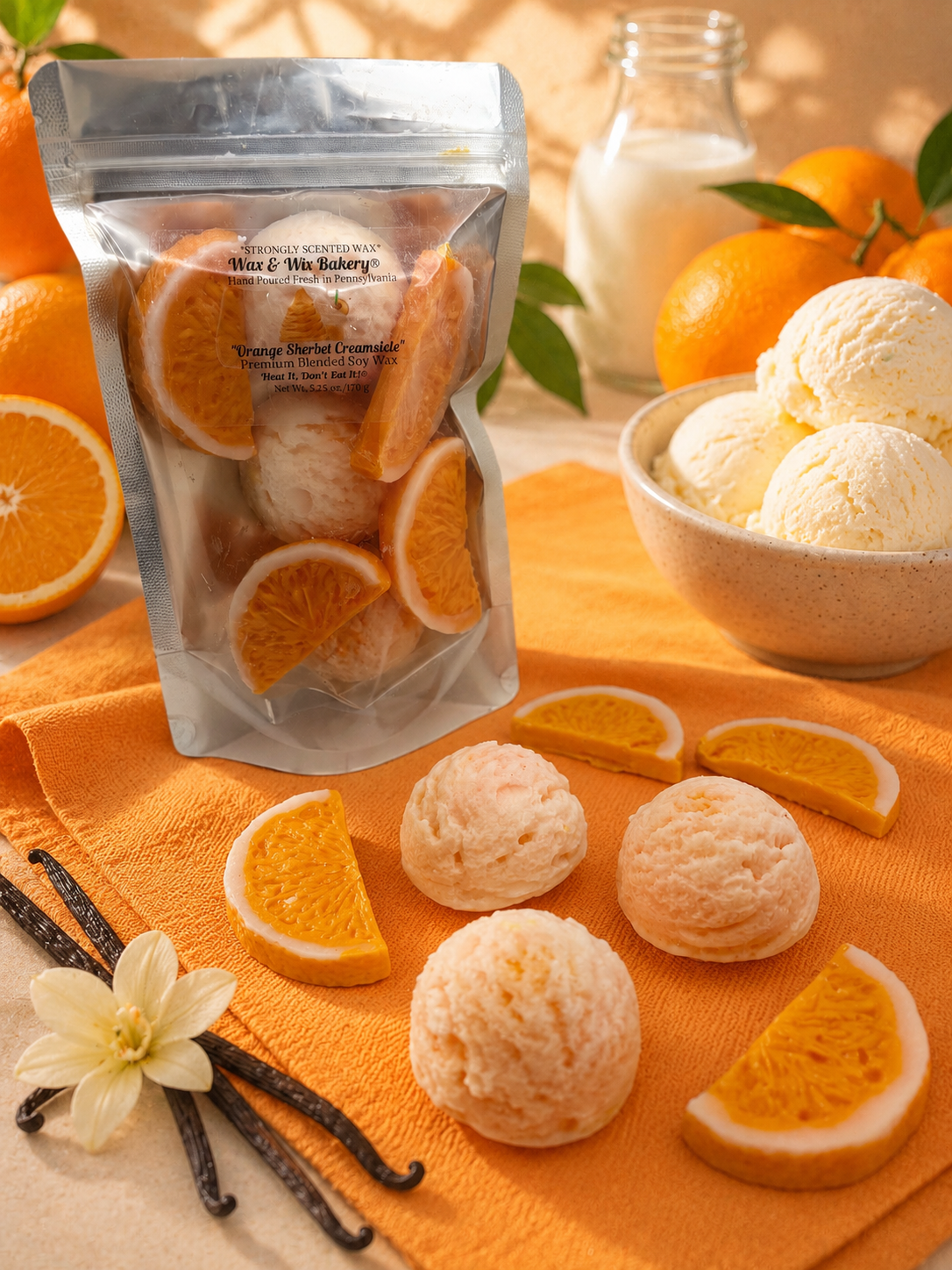 Orange Sherbet Creamsicle Wax Melts. 5.25 oz. Summer Wax Melts/Soy Wax Melts/Strongly Scented Wax Melts/7 Pieces
