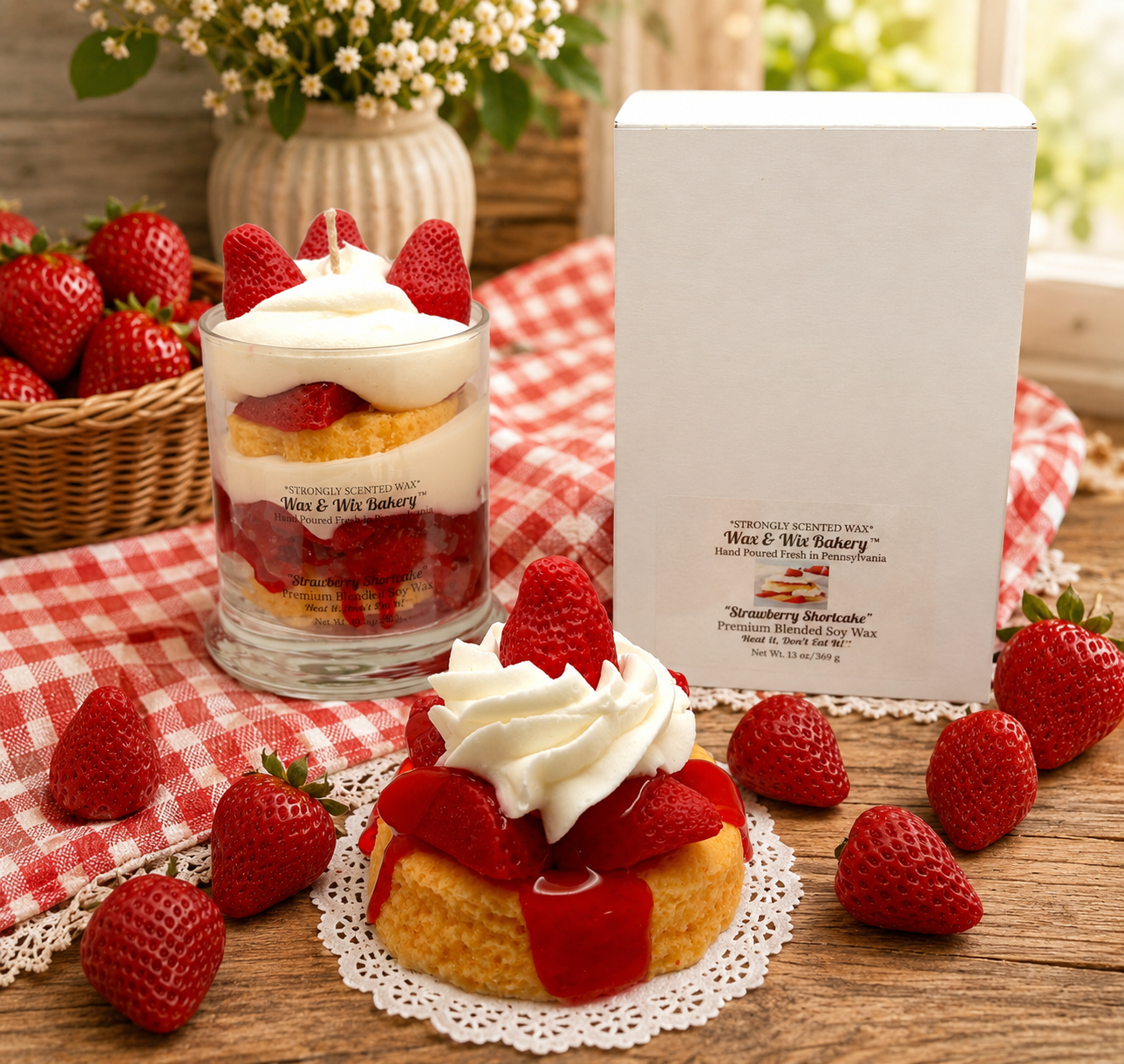 Strawberry Shortcake Candle. Large 13 oz. Soy Candle/Strawberry Summer Candle. Strongly Scented Candle