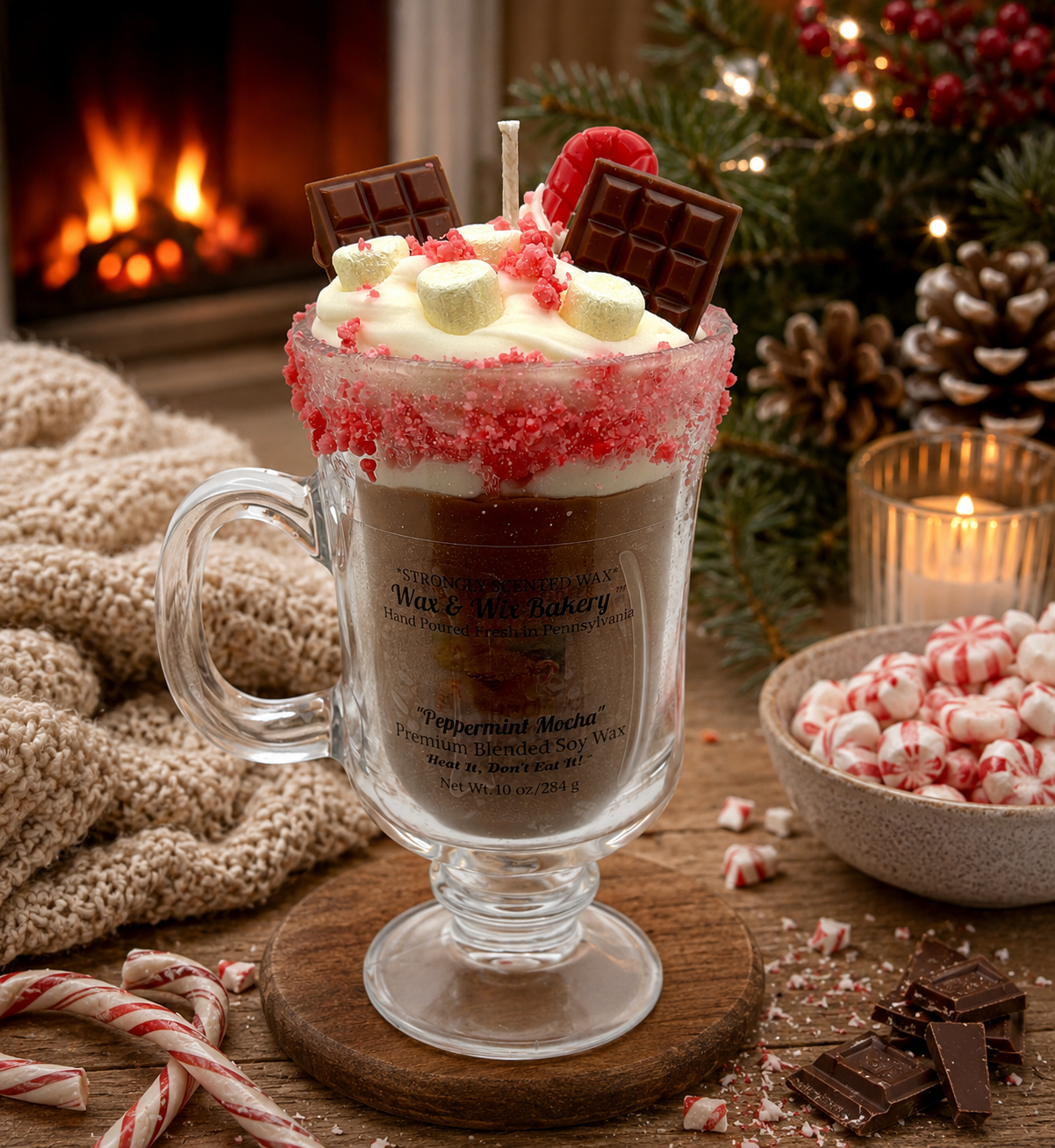 Peppermint Mocha Candle. 10 oz. Soy Candle/Chocolate/Candy Canes/Marshmallows. Strongly Scented Candle/Christmas Candle/Holiday Candle/Winter