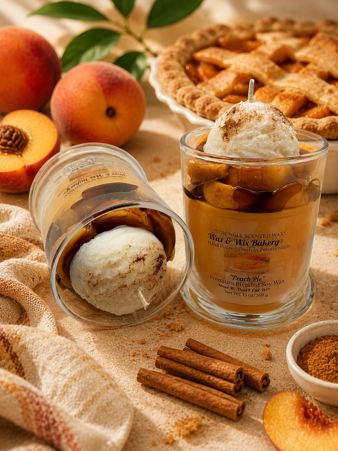 Peach Pie Candle. 13 oz. Soy Candle/Peaches, Ice Cream, Cinnamon. Strongly Scented Candle. Dessert Candle/Summer Candle/Food Candle