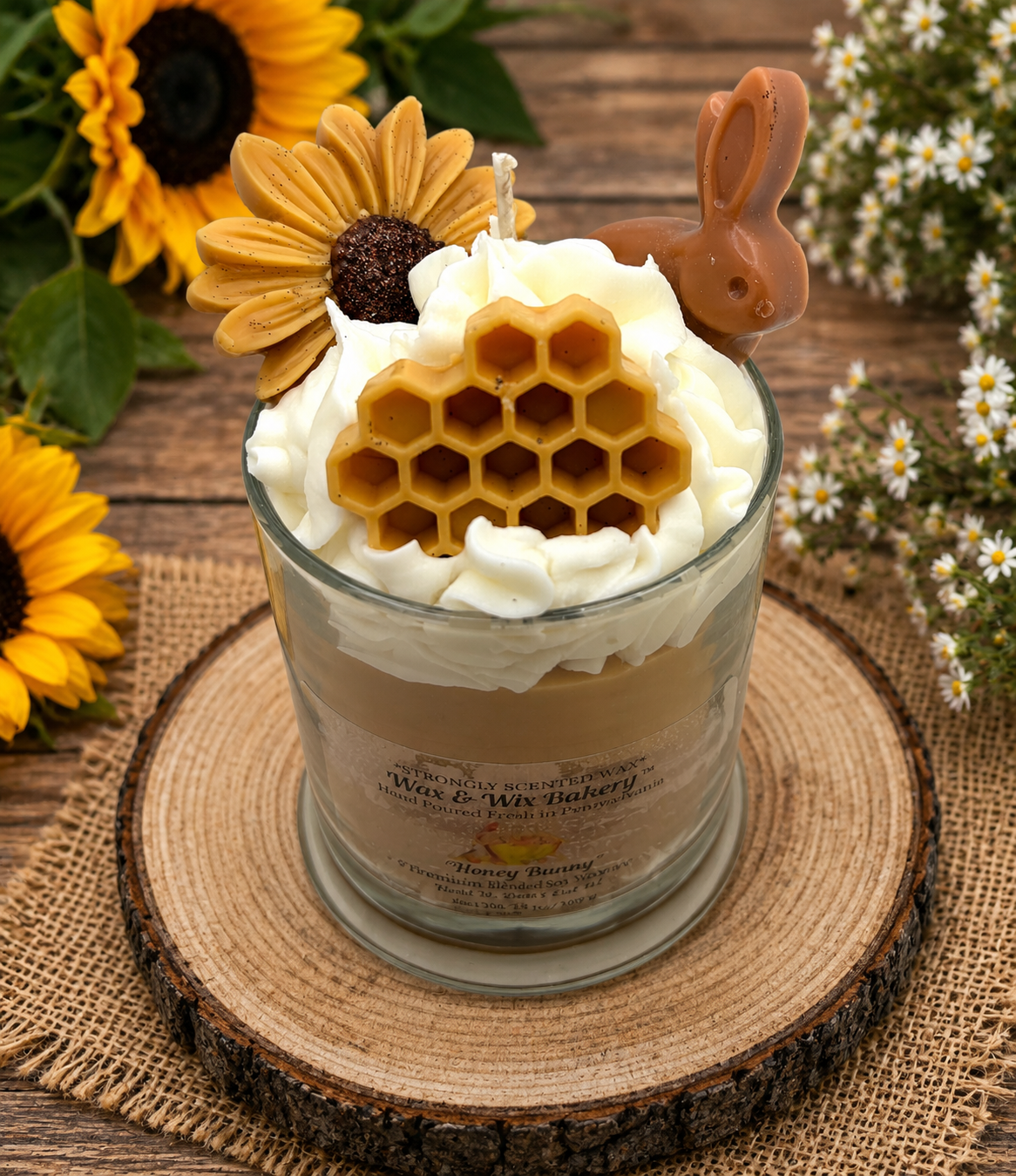 Honey Bunny Candle. Large 13 oz. Soy Candle/Bunny Rabbit, Honeycomb, Flower. Strongly Scented Soy Wax Candle