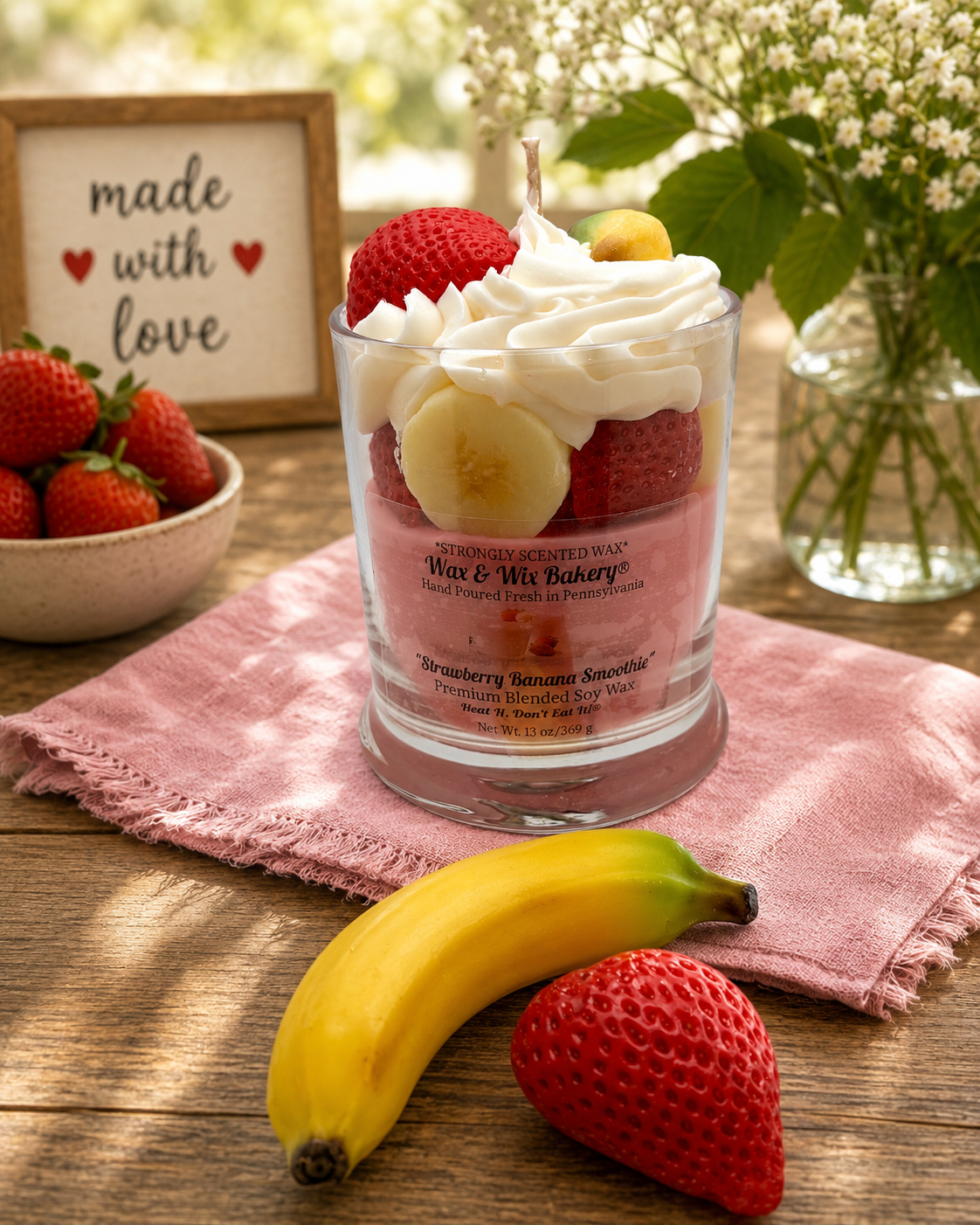 Strawberry Banana Smoothie Candle. Large 13 oz. Soy Candle/Strawberry Banana Dessert Candle/Drink Candle. Strongly Scented Candle.