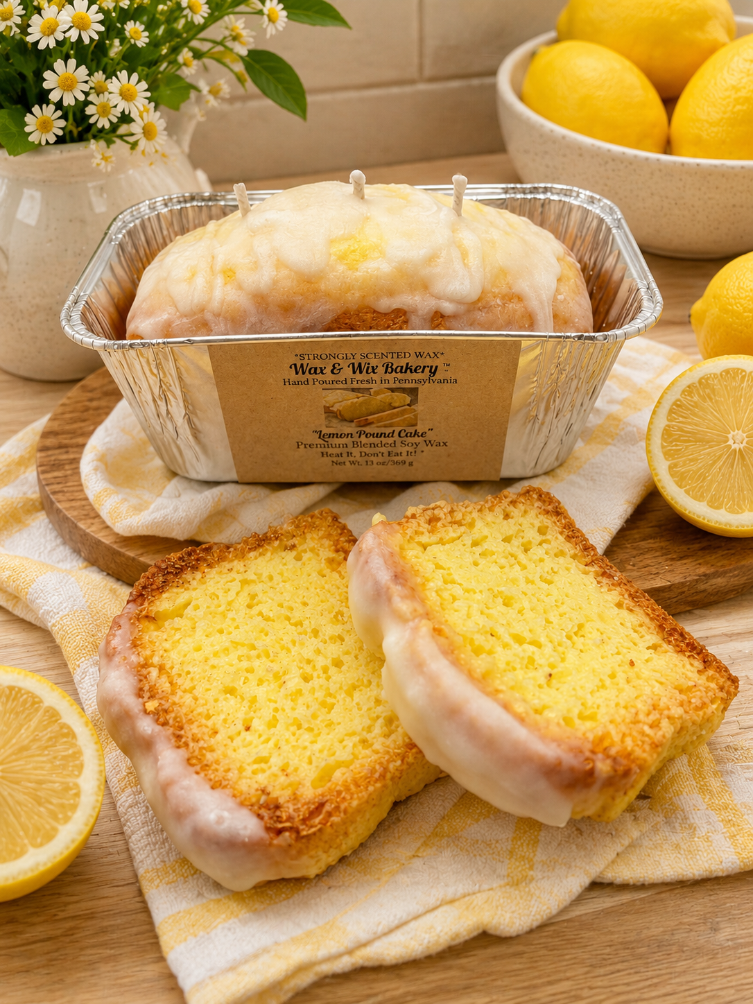 Large Glazed Lemon Pound Cake Candle. Bread Loaf Pan Candle. Soy Wax Candle. 3 Wick Candle. Strongly Scented Candle. 13 Ounce.