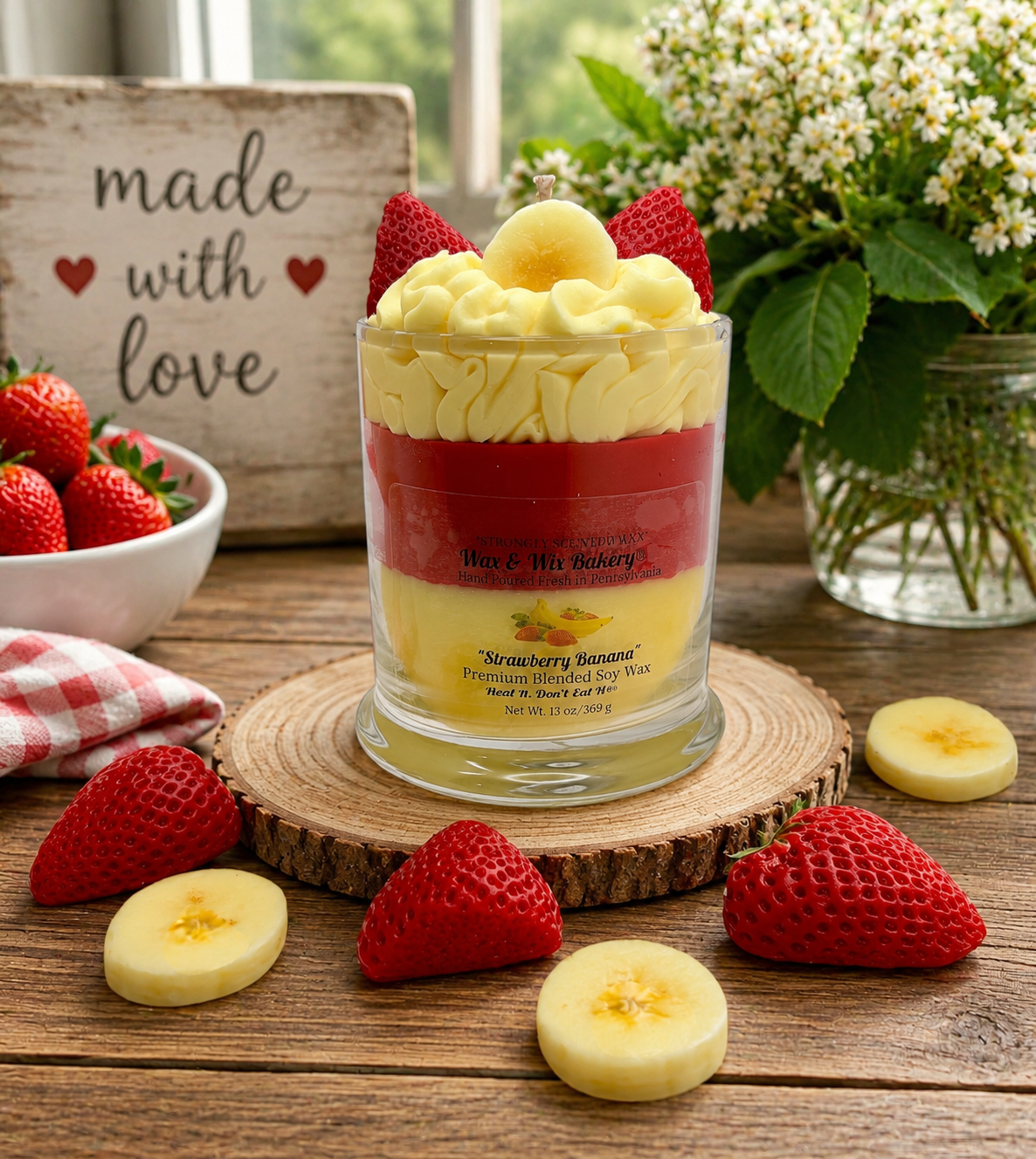 Strawberry Banana Candle. Large 13 oz. Soy Candle/Strawberry Banana Dessert Candle. Strongly Scented Candle