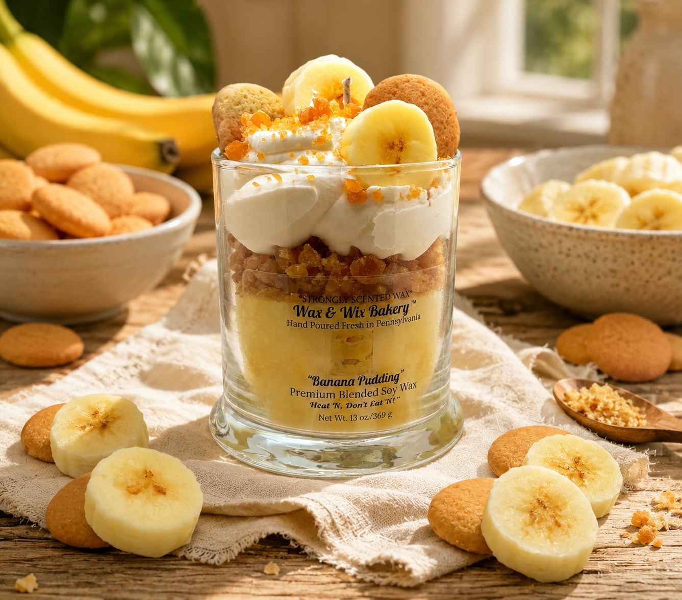 Banana Pudding Candle. 13 oz. Large Soy Candle/Bananas & Vanilla Wafers. Strongly Scented Candle