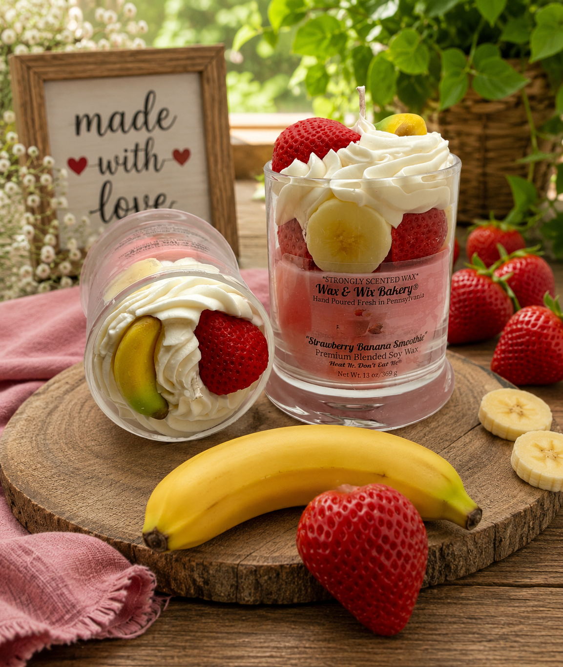 Strawberry Banana Smoothie Candle. Large 13 oz. Soy Candle/Strawberry Banana Dessert Candle/Drink Candle. Strongly Scented Candle.