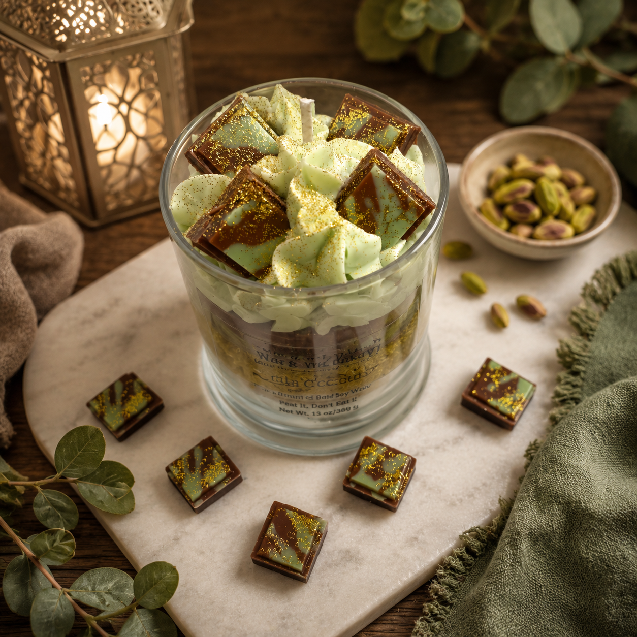 Dubai Chocolate Luxury Candle. Large 13 oz. Soy Candle/Chocolate/Pistachio. Strongly Scented Candle/Dessert Candle