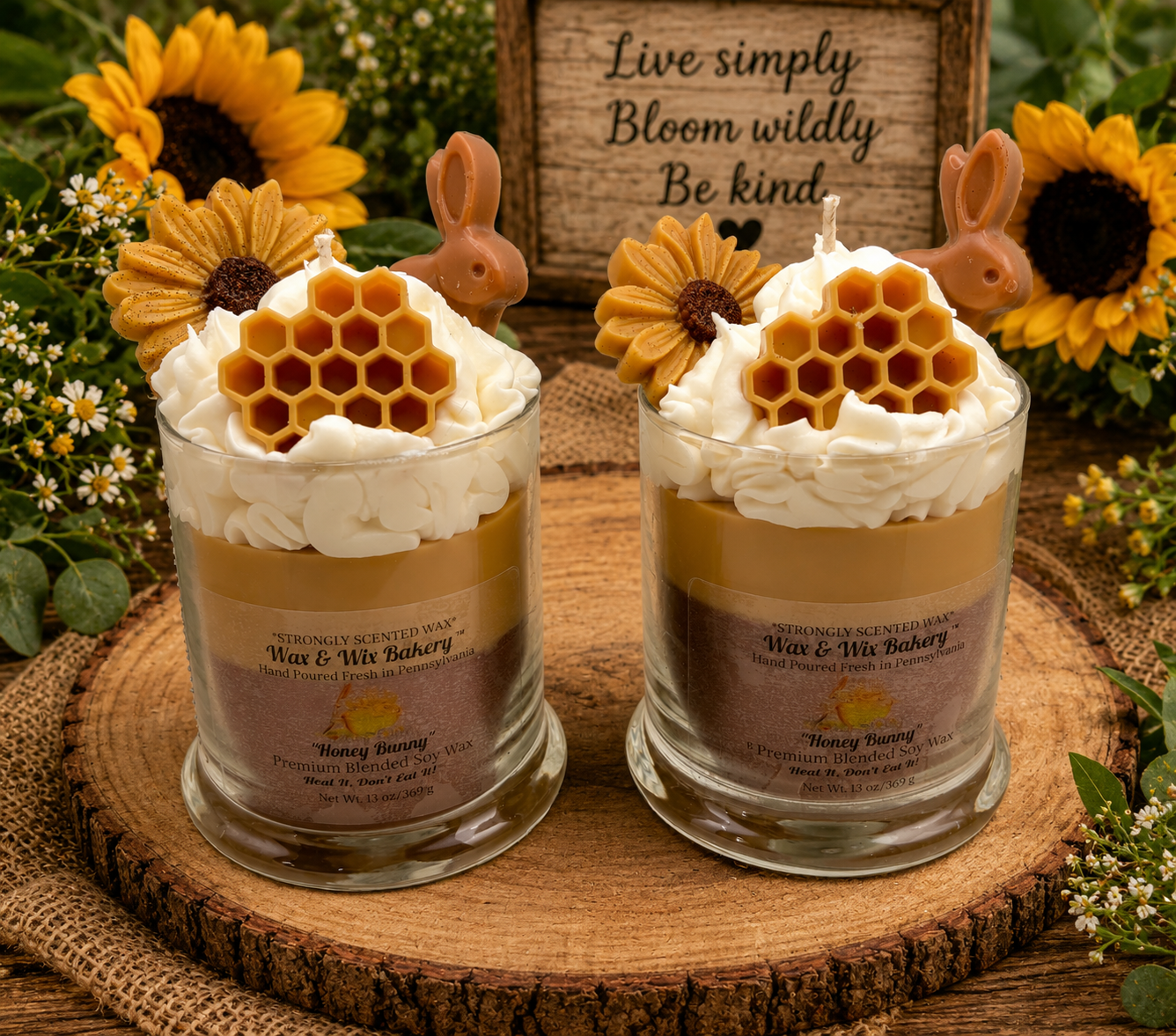 Honey Bunny Candle. Large 13 oz. Soy Candle/Bunny Rabbit, Honeycomb, Flower. Strongly Scented Soy Wax Candle