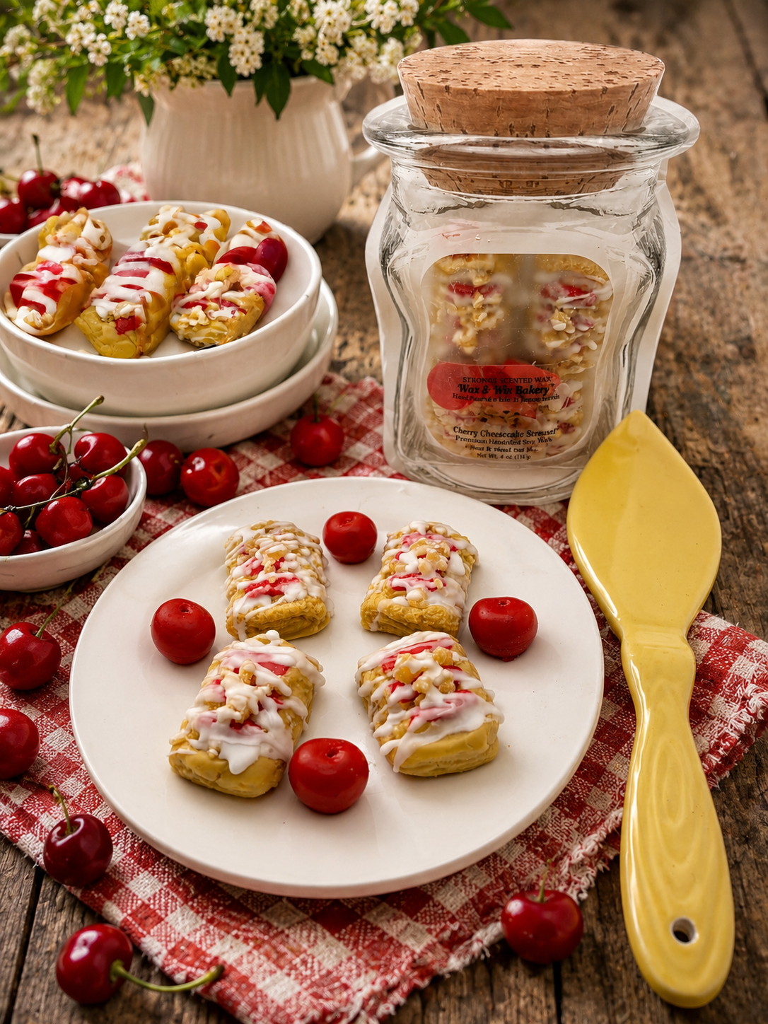 Cherry Cheesecake Streusel Pastry Wax Melts. Bakery Wax Melt. Soy Wax Melts. Strongly Scented Wax Melts/Wax Tarts for Wax Warmers. 4 oz. 4 Streusel Pastries +4 Cherries