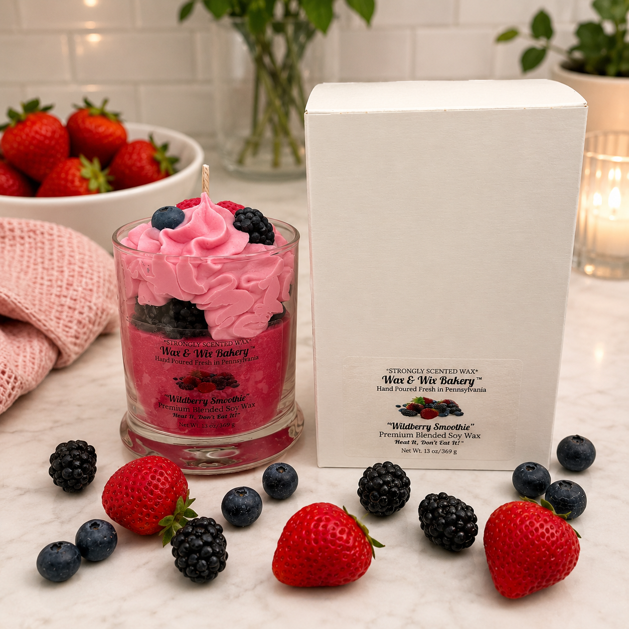 Wildberry Smoothie Candle. Large 13 oz. Soy Candle/Strawberries, Blueberries, Blackberries. Strongly Scented Candle.