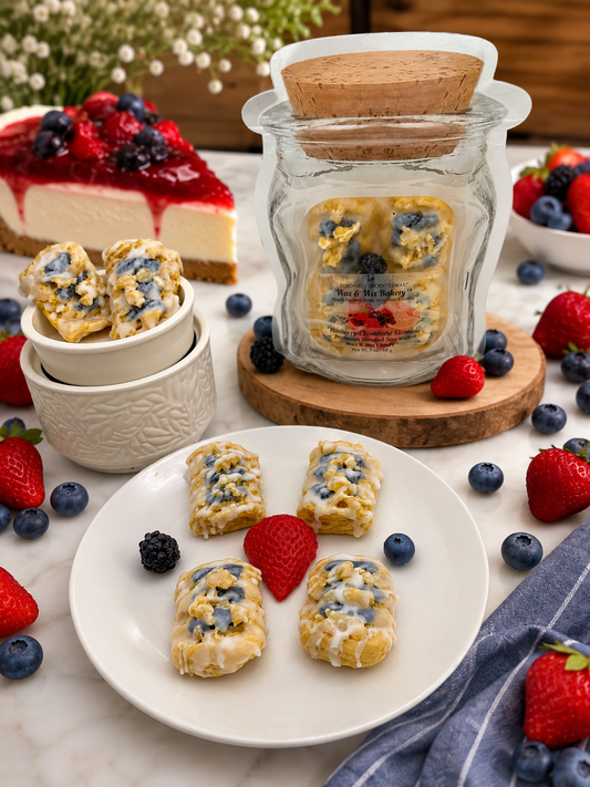 Wildberry Cheesecake Streusel Pastry Wax Melts. Bakery Wax Melt. Soy Wax Melts. Strongly Scented Wax Melts/Wax Tarts for Wax Warmers. 4 oz. 4 Streusel Pastries + 1 Strawberry Slice, 1 Blueberry, 1 Blackberry