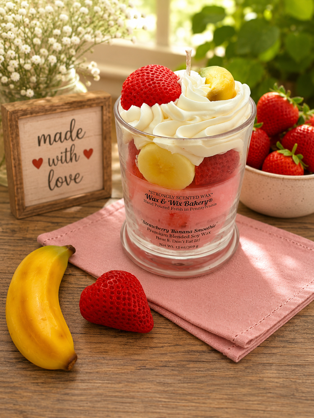 Strawberry Banana Smoothie Candle. Large 13 oz. Soy Candle/Strawberry Banana Dessert Candle/Drink Candle. Strongly Scented Candle.