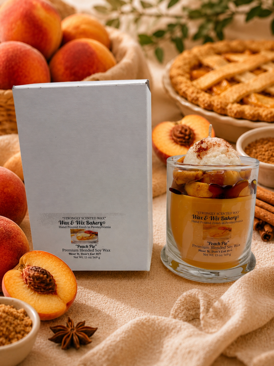 Peach Pie Candle. 13 oz. Soy Candle/Peaches, Ice Cream, Cinnamon. Strongly Scented Candle. Dessert Candle/Summer Candle/Food Candle