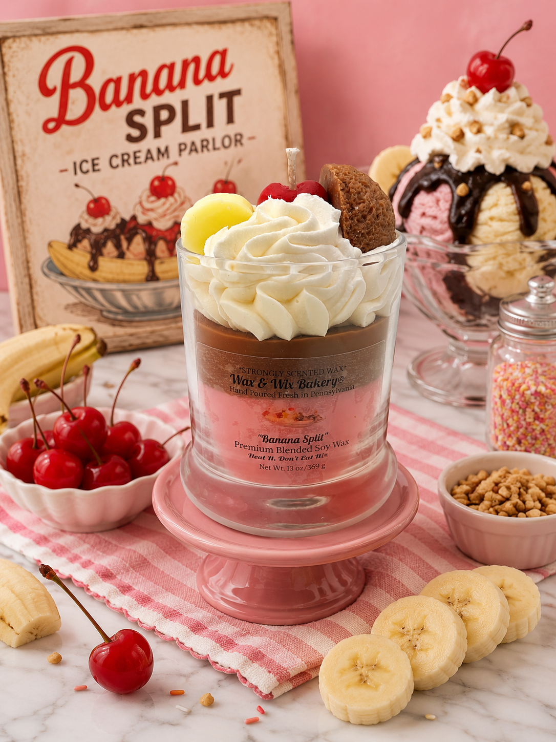 Banana Split Candle. Large 13 oz. Soy Candle/Ice Cream Dessert Candle/Summer Candle. Strongly Scented Candle.