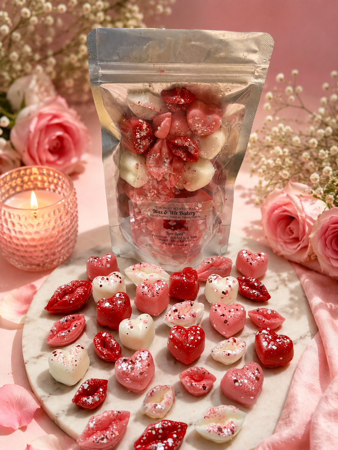 Love Spell Wax Melts. Hearts & Lips. 5 Oz. Strongly Scented Soy Wax. Wax Melts/Wax Tarts for Wax Warmers.