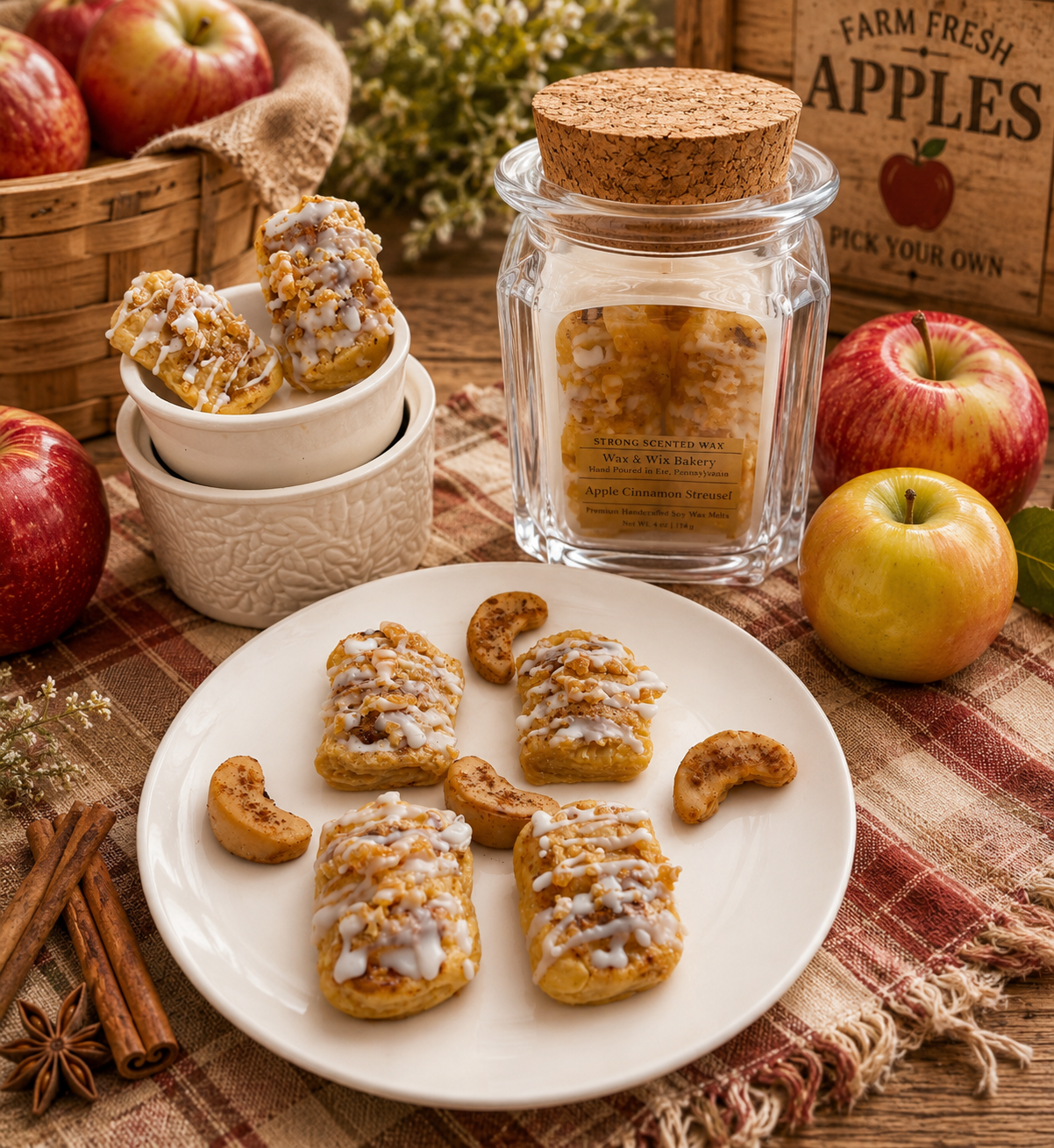 Apple Cinnamon Streusel Pastry Wax Melts. Bakery Wax Melt. Soy Wax Melts. Strongly Scented Wax Melts/Wax Tarts for Wax Warmers. 4 oz. 4 Streusel Pastries +4 Baked Apple Slices