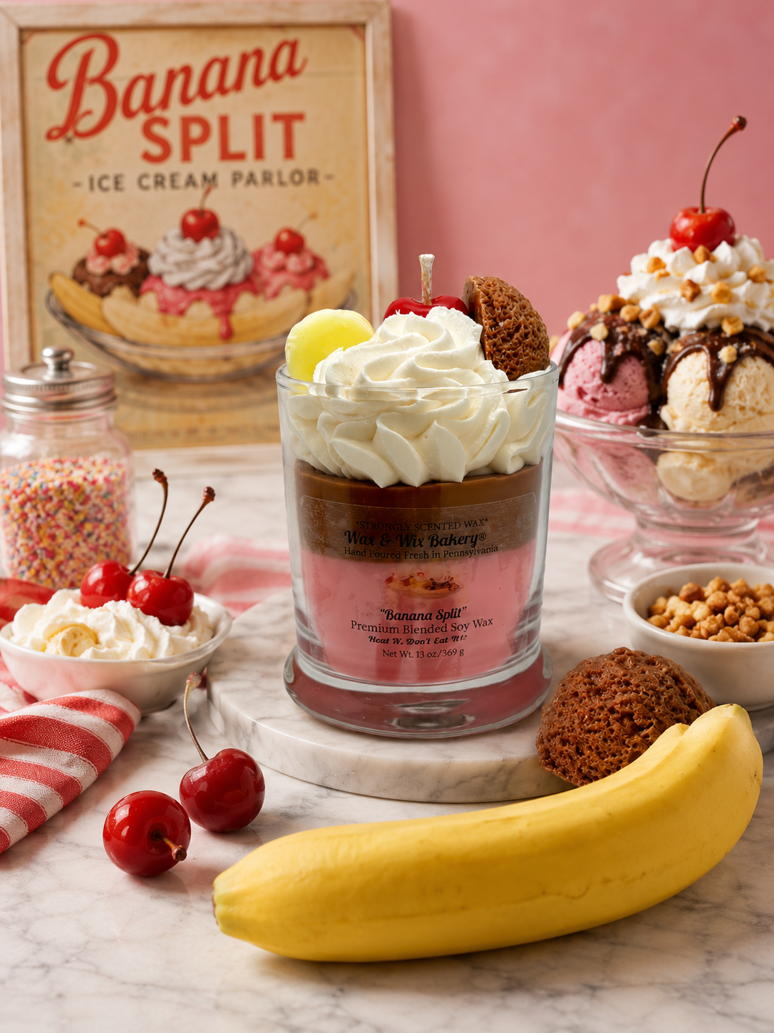 Banana Split Candle. Large 13 oz. Soy Candle/Ice Cream Dessert Candle/Summer Candle. Strongly Scented Candle.