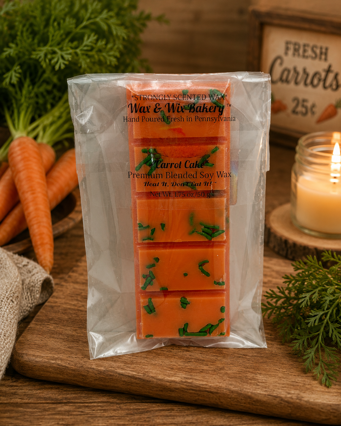 Carrot Cake Snap Bar. Strongly Scented Soy Wax. Wax Melts/Wax Tarts/Snap Bar for Wax Warmers. 1.75 Oz. 1 Bar
