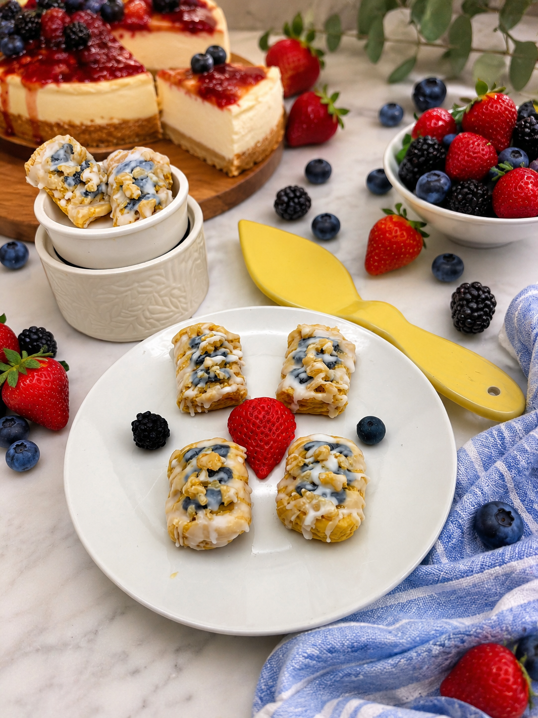 Wildberry Cheesecake Streusel Pastry Wax Melts. Bakery Wax Melt. Soy Wax Melts. Strongly Scented Wax Melts/Wax Tarts for Wax Warmers. 4 oz. 4 Streusel Pastries + 1 Strawberry Slice, 1 Blueberry, 1 Blackberry