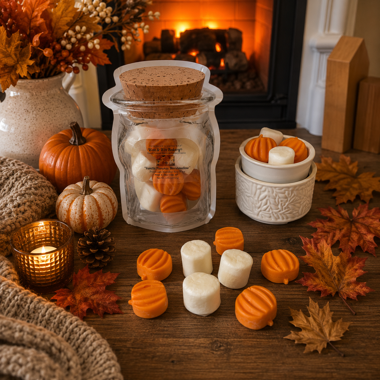 Vanilla Pumpkin Marshmallow Wax Melts. 4.65 oz./Soy Wax Melts/Strongly Scented Wax Melts/Pumpkin and Marshmallow Wax Melts. 9 Pieces