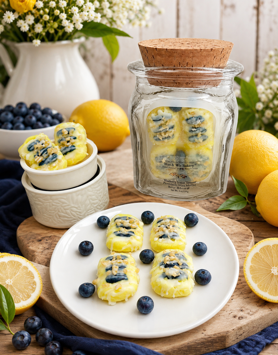 Blueberry Lemon Streusel Pastry Wax Melts. Bakery Wax Melt. Soy Wax Melts. Strongly Scented Wax Melts/Wax Tarts for Wax Warmers. 4 oz. 4 Streusel Pastries +9 Blueberries