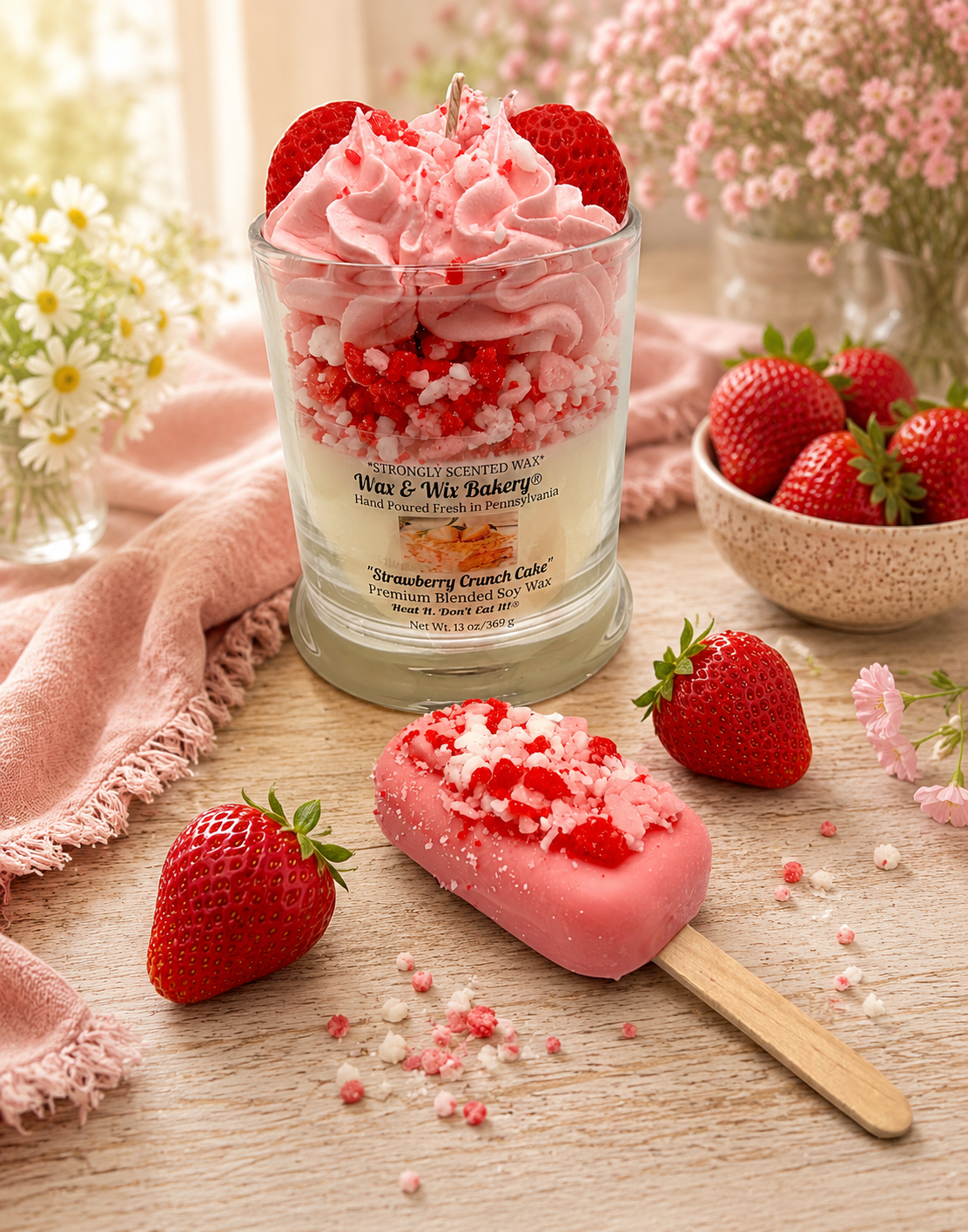 Strawberry Crunch Cake Candle. Large 13 oz. Soy Candle/Strawberry Cake Dessert Candle/Summer Candle. Strongly Scented Candle.
