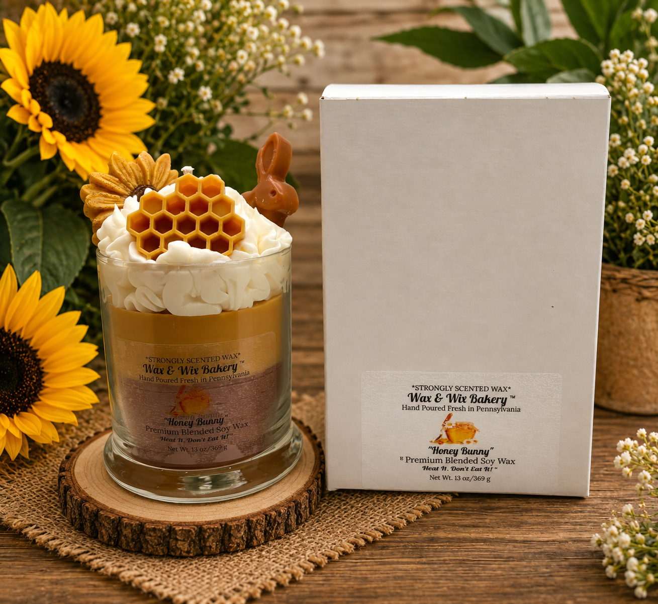 Honey Bunny Candle. Large 13 oz. Soy Candle/Bunny Rabbit, Honeycomb, Flower. Strongly Scented Soy Wax Candle