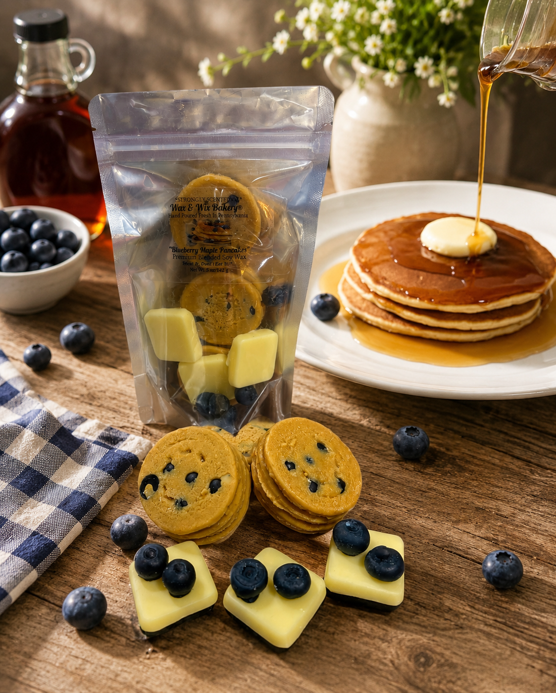 Blueberry Maple Pancakes Wax Melts. Bakery Wax Melt. Strongly Scented Wax Melts. 5 oz. 3 Pancake Stacks + 6 Blueberries + 3 Butter Pats