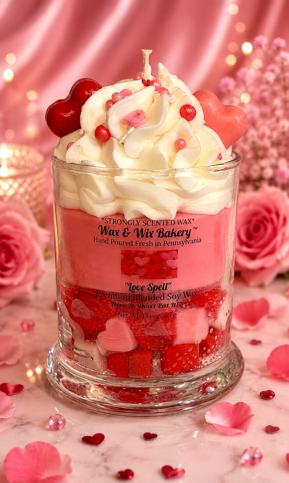 Love Spell Hearts Candle. Large 13 oz. Soy Candle/Hearts Soy Candle. Strongly Scented Candle