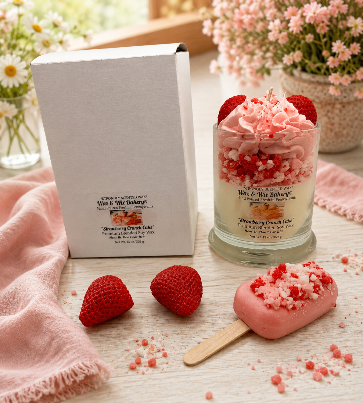 Strawberry Crunch Cake Candle. Large 13 oz. Soy Candle/Strawberry Cake Dessert Candle/Summer Candle. Strongly Scented Candle.