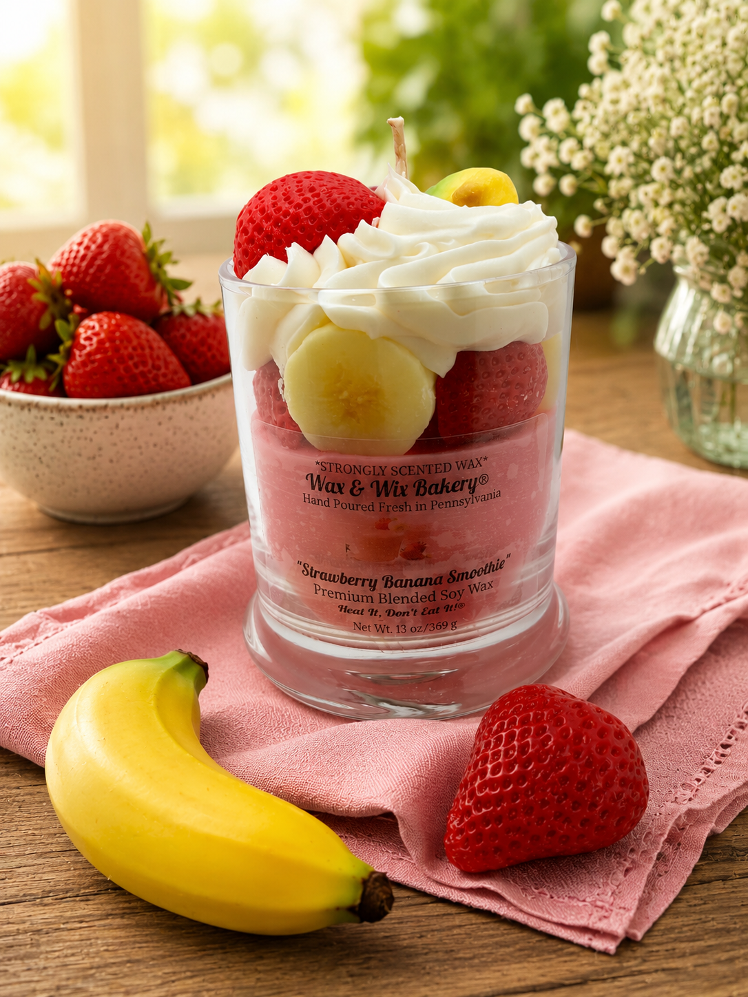 Strawberry Banana Smoothie Candle. Large 13 oz. Soy Candle/Strawberry Banana Dessert Candle/Drink Candle. Strongly Scented Candle.