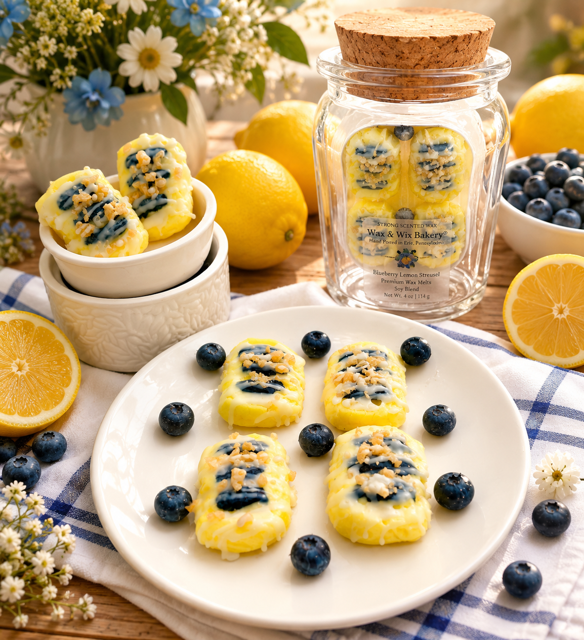 Blueberry Lemon Streusel Pastry Wax Melts. Bakery Wax Melt. Soy Wax Melts. Strongly Scented Wax Melts/Wax Tarts for Wax Warmers. 4 oz. 4 Streusel Pastries +9 Blueberries