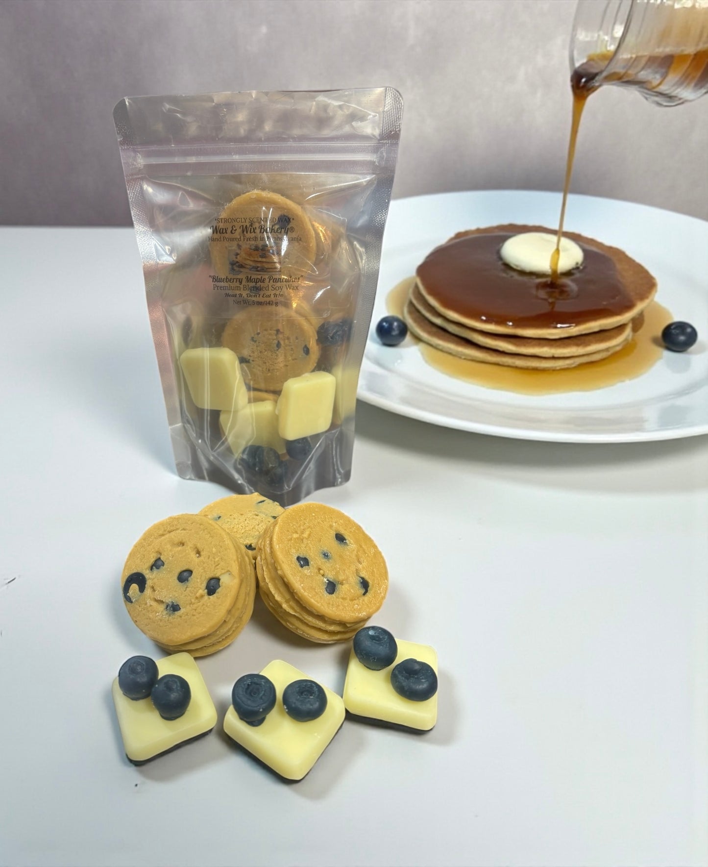 Blueberry Maple Pancakes Wax Melts. Bakery Wax Melt. Strongly Scented Wax Melts. 5 oz. 3 Pancake Stacks + 6 Blueberries + 3 Butter Pats