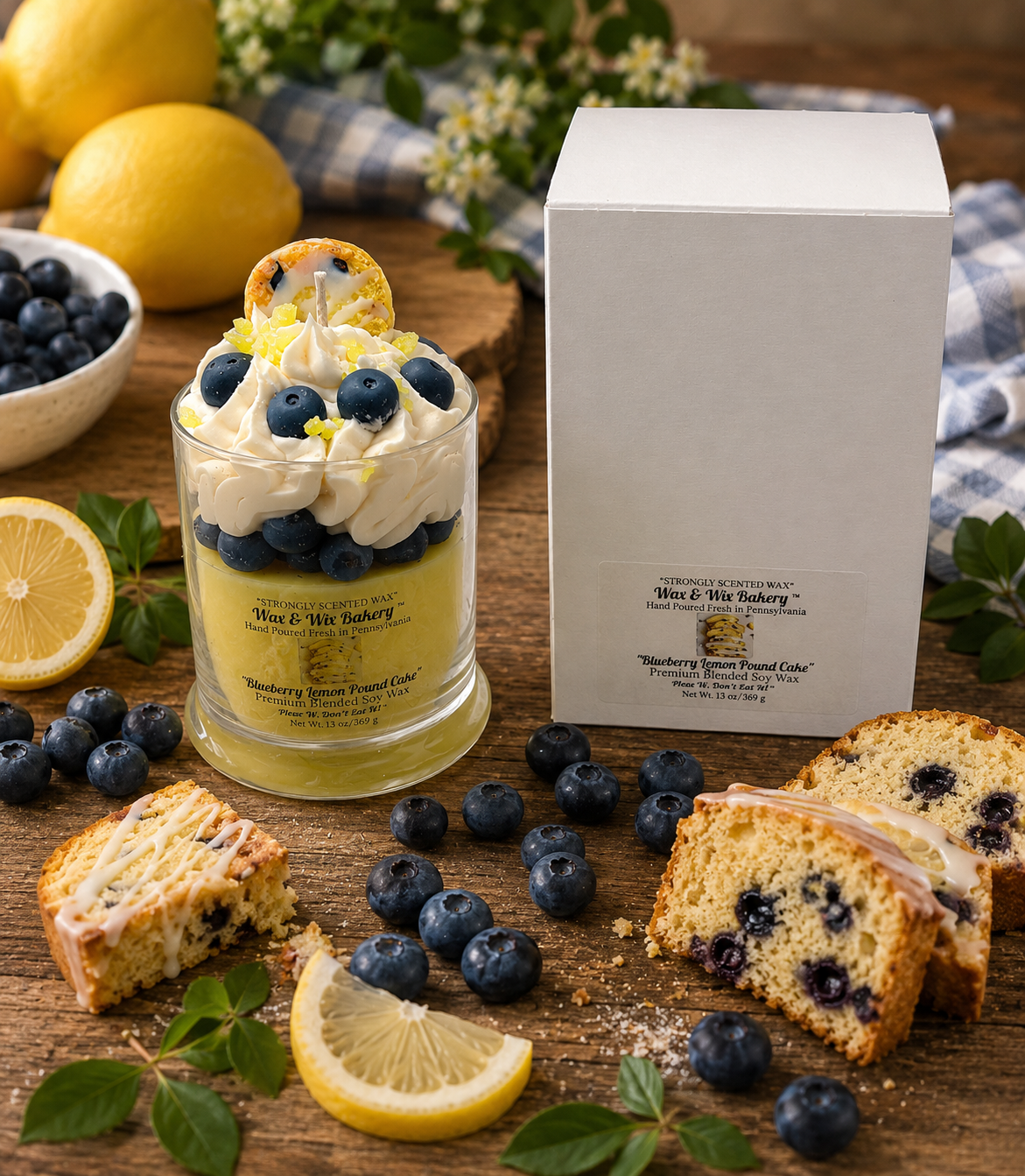 Lemon Blueberry Pound Cake Candle. Large 13 Ounce. Pound Cake/Blueberries. Soy Wax Candle. Strongly Scented Candle.