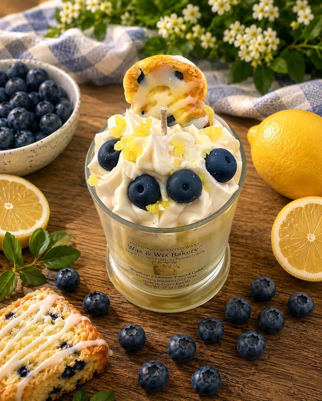 Lemon Blueberry Pound Cake Candle. Large 13 Ounce. Pound Cake/Blueberries. Soy Wax Candle. Strongly Scented Candle.