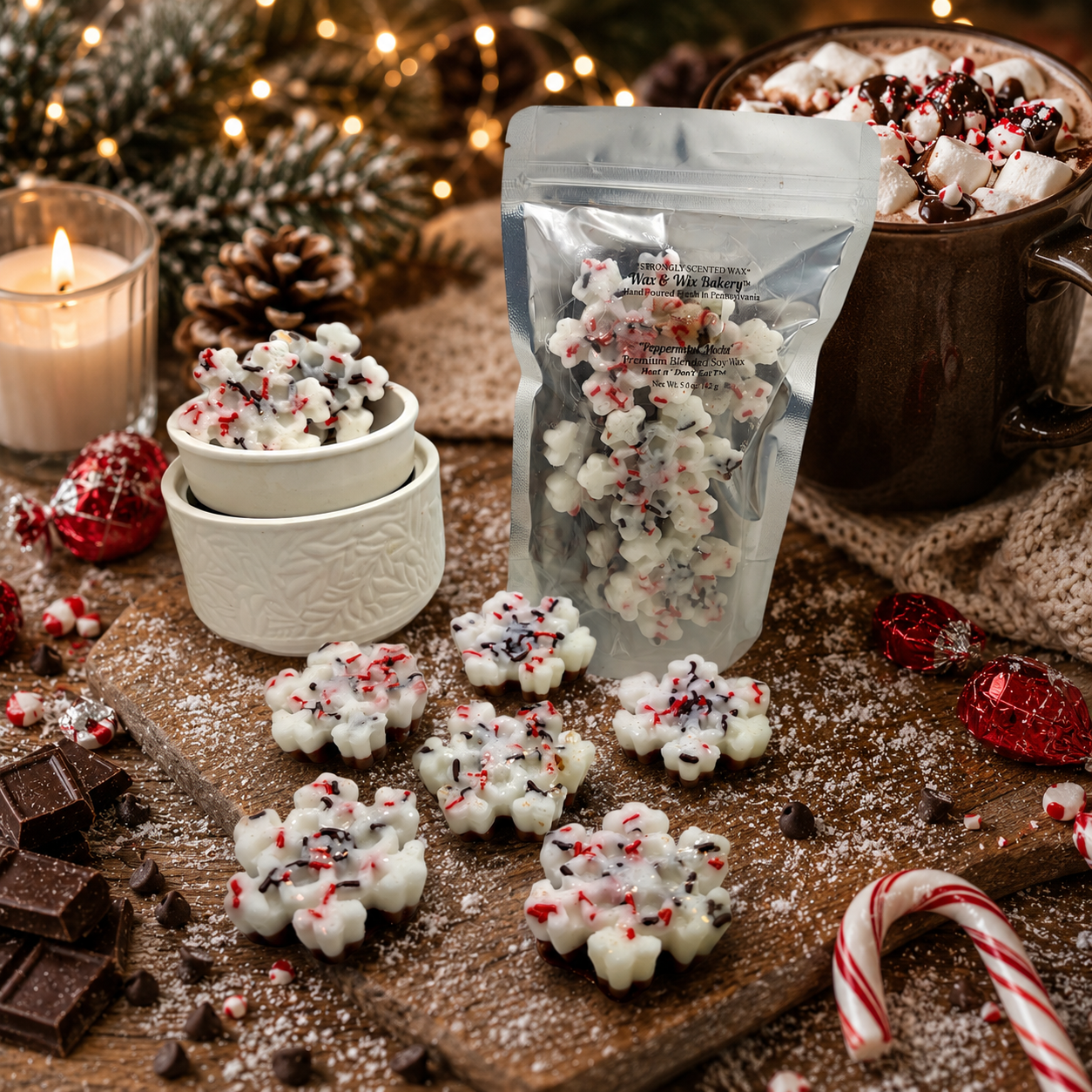 Peppermint Mocha Snowflake Wax Melt. 5 oz. Winter Wax Melt/Soy Wax Melts/Strongly Scented Wax Melts/Wax Tarts for Wax Warmers. 6 Pieces