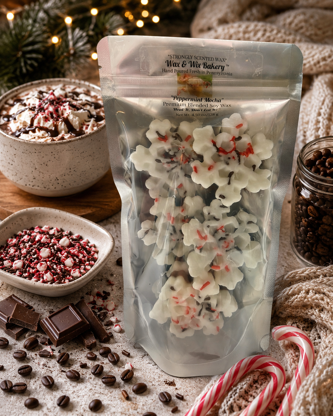 Peppermint Mocha Snowflake Wax Melt. 5 oz. Winter Wax Melt/Soy Wax Melts/Strongly Scented Wax Melts/Wax Tarts for Wax Warmers. 6 Pieces