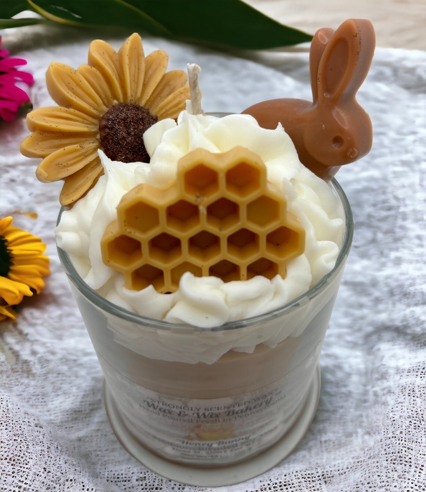 Honey Bunny Candle. 13 oz. Soy Candle/Bunny Rabbit, Honeycomb, Flower. Strongly Scented Soy Wax Candle