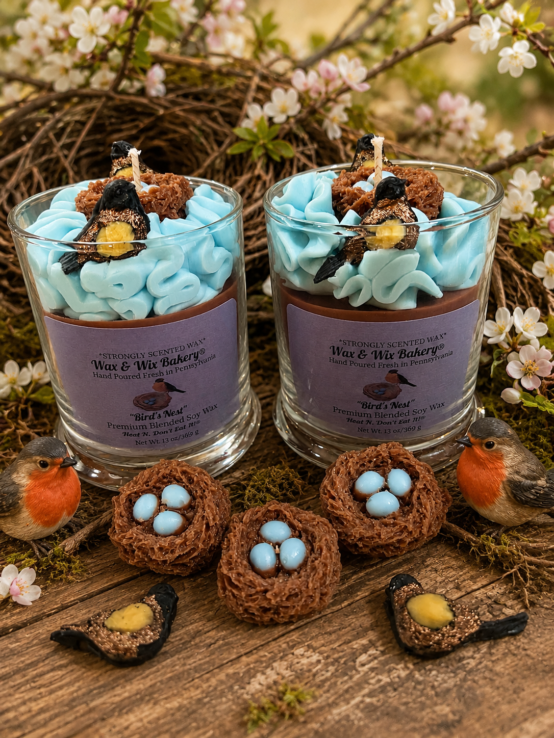 Bird's Nest/Robin's Nest Candle. Large 13 oz. Soy Candle. Robin's Nest with Eggs and 2 Robins/Strongly Scented Candle/Summer/Spring Candle.