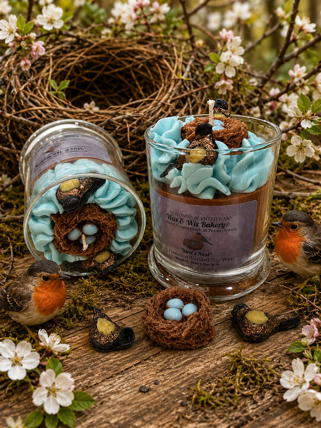 Bird's Nest/Robin's Nest Candle. Large 13 oz. Soy Candle. Robin's Nest with Eggs and 2 Robins/Strongly Scented Candle/Summer/Spring Candle.