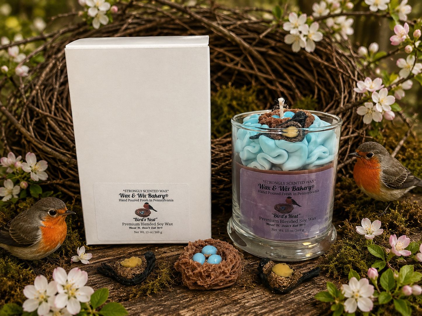 Bird's Nest/Robin's Nest Candle. Large 13 oz. Soy Candle. Robin's Nest with Eggs and 2 Robins/Strongly Scented Candle/Summer/Spring Candle.