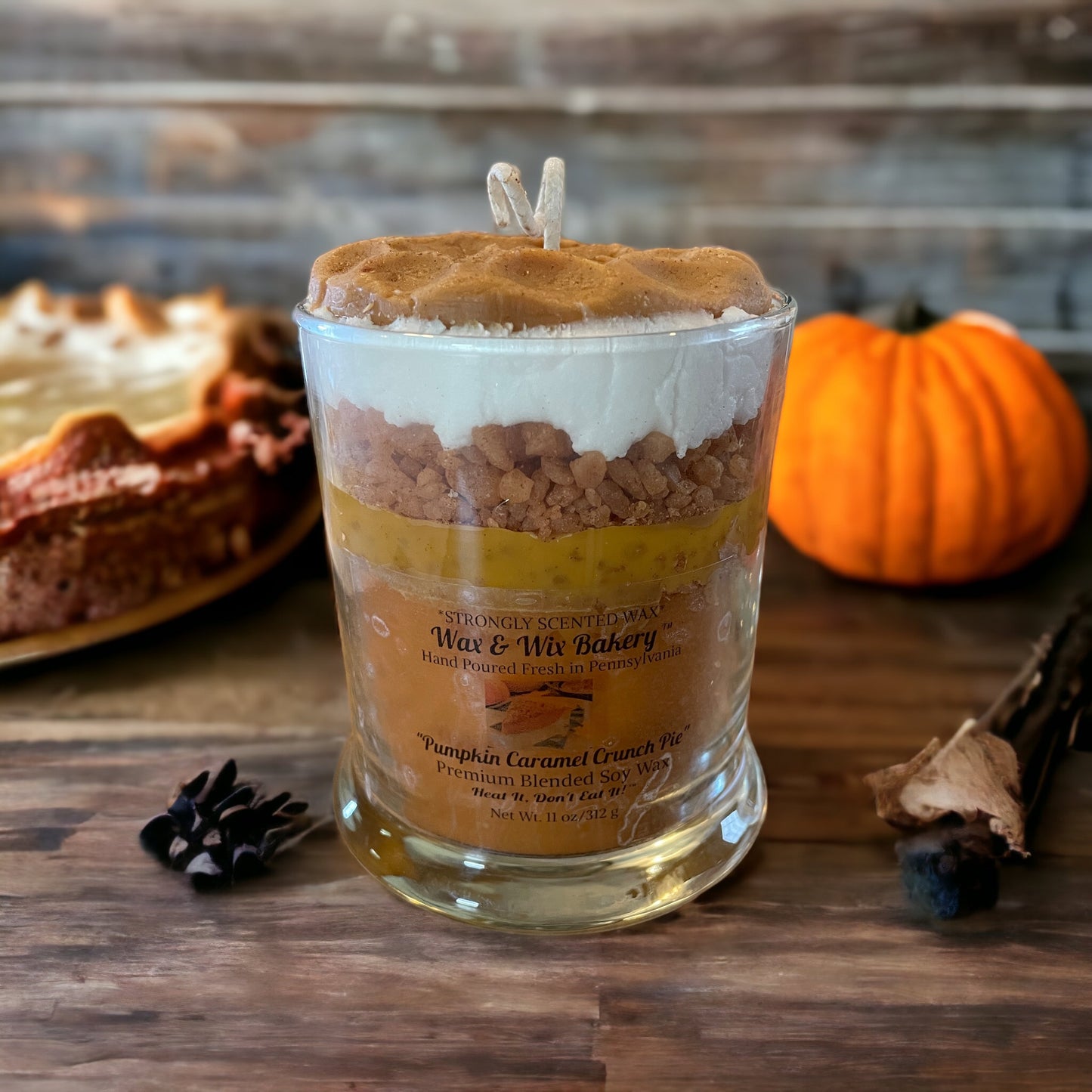 Pumpkin Caramel Crunch Pie Candle 11oz. Soy Candle/Strong Scented Candle/Pumpkin/Gift Box/Gift Bag/Holiday Candle/Winter Candle/Fall Candle.